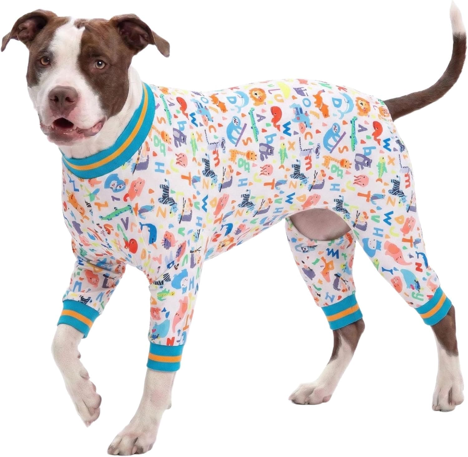 LovinPet Dog Onesie for Surgery Male Large Breed, Undershirt for Pitbull Dog,Lightweight Stretchy Flannel Fabric,White Noah's Ark Alphabet Print,Big Dog Jammies,Uv Protection Shirt,Easy to Wear,2XL