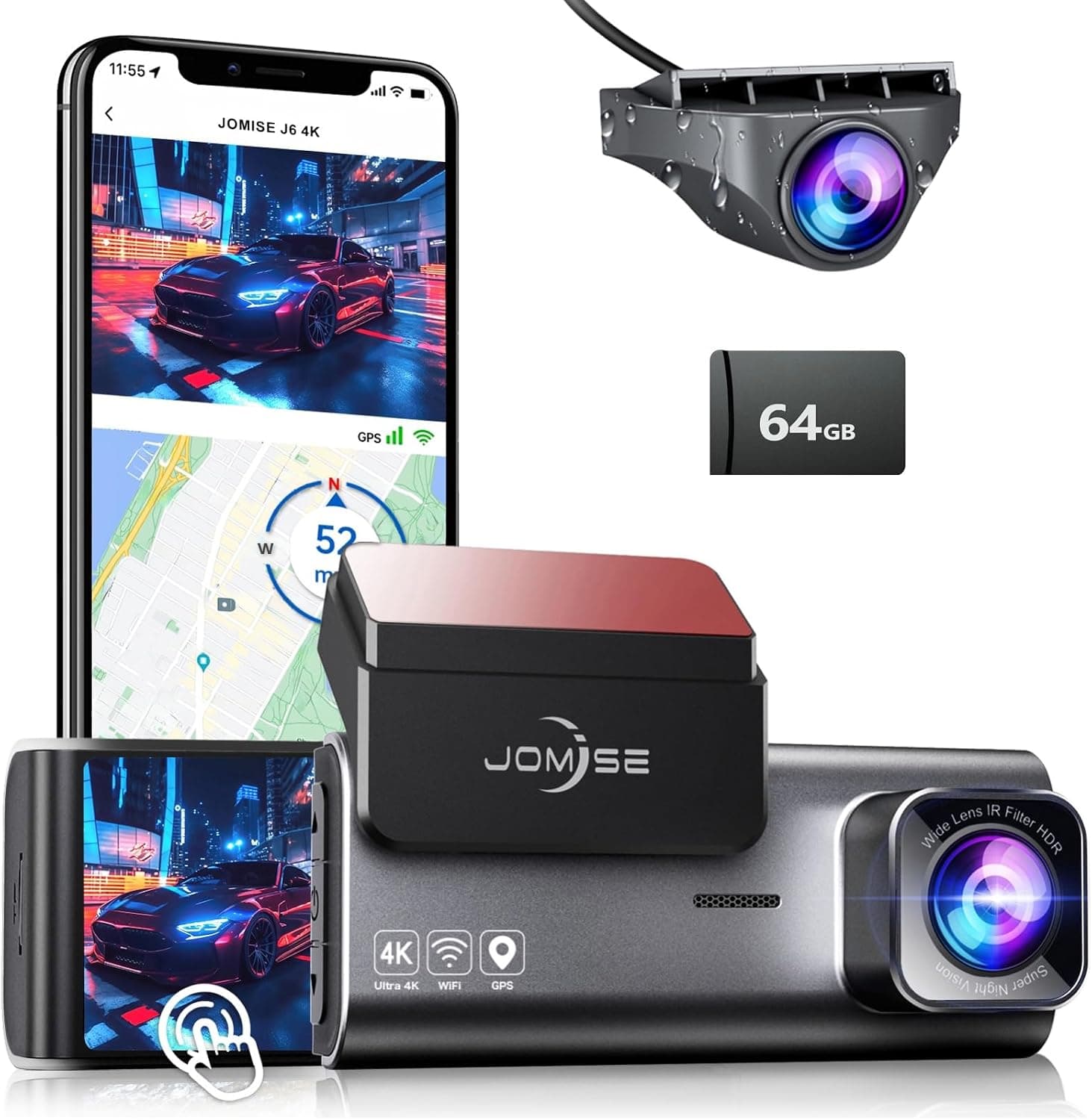 4K Dash Cam Front Rear with 64GB Card & Touch Screen, 4K+1080P Dual Dash Camera for Cars, Built-in GPS Wi-Fi, UHD 2160P Night Vision, WDR, 24H Parking Monitor (J6)