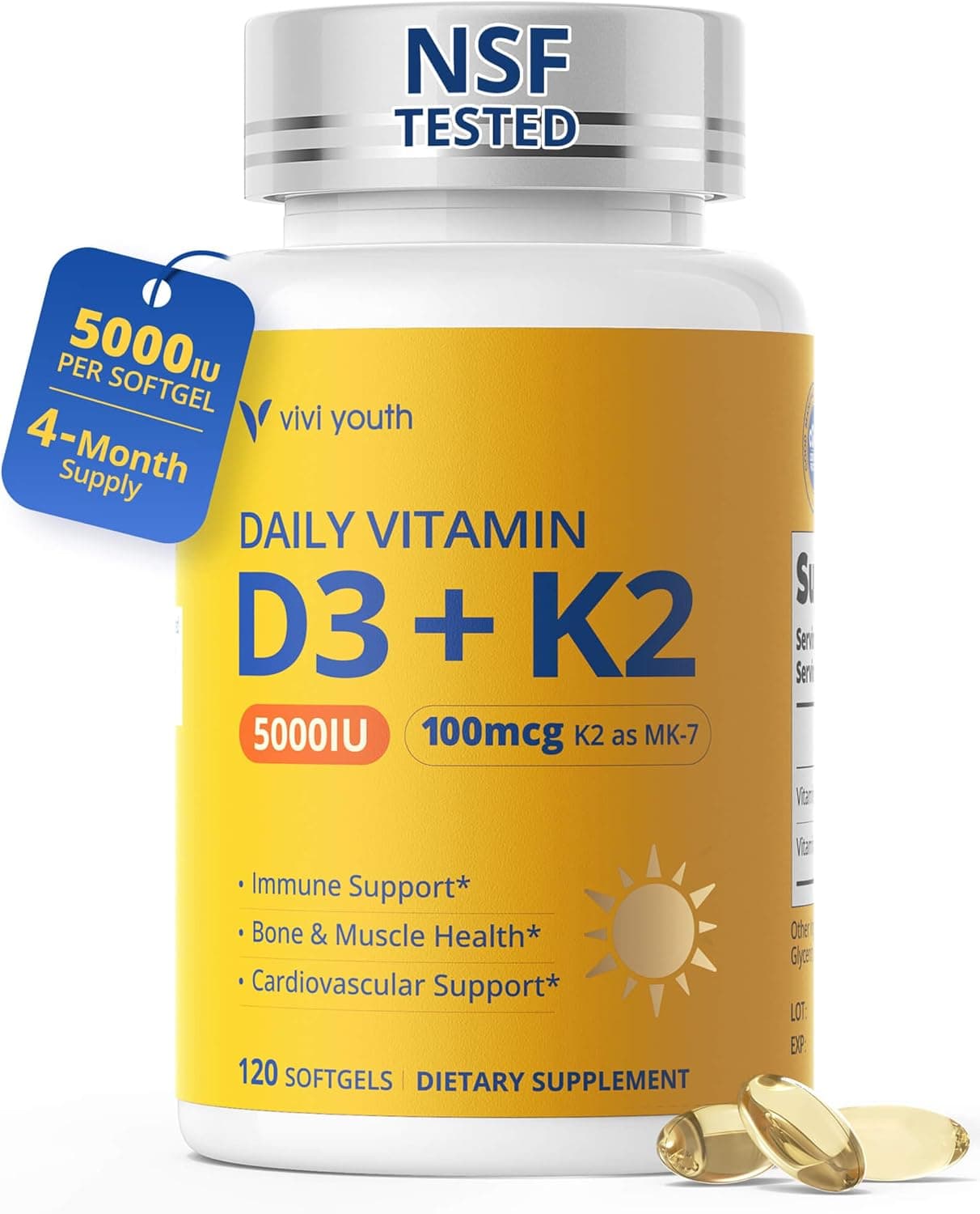 Vitamin D3 K2 5000 IU with MK-7, 3rd Party Tested, 120 Servings | with MK-7 100 mcg Softgels, Sunflower Seed Oil D3 K2 Vitamin for Better Calcium Absorption, Soy-Free, Non-GMO for Women & Men
