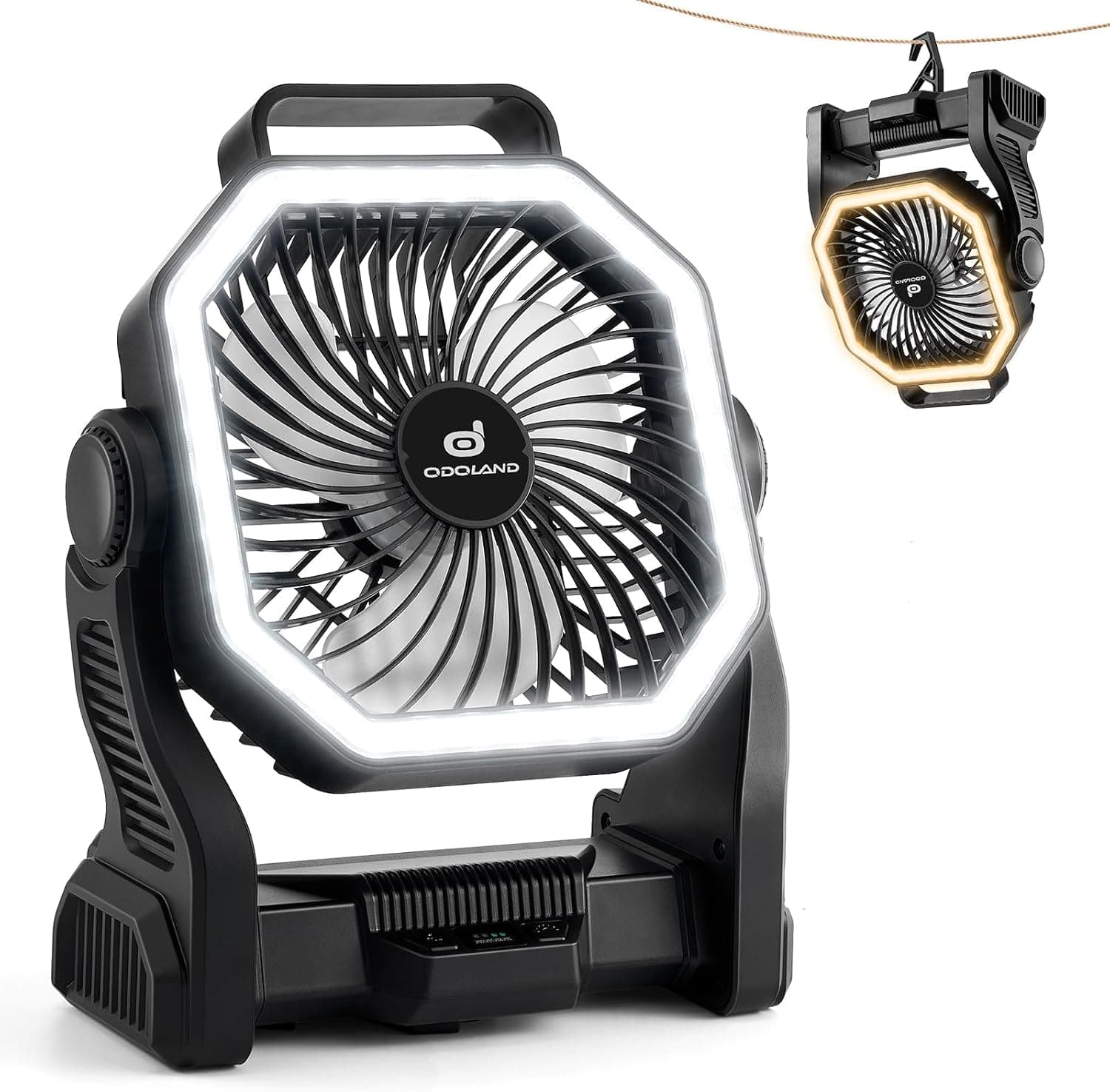 Odoland Portable Rechargeable Fan, 20000mAh Camping Fan with LED Lantern | 4-Speed Airflow & 3-Color Light Oscillating Fan with Hanging Hook for Tent Car Beach Hurricane Power Outage, Black
