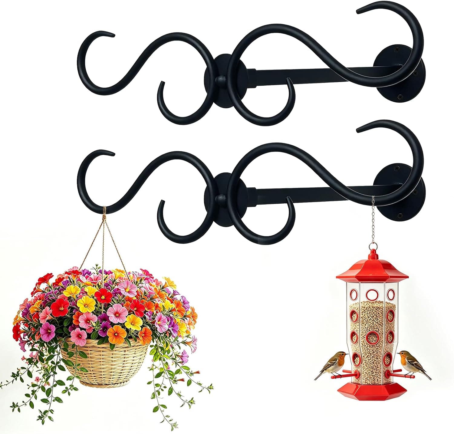 Wall Mount Double Shepherds Hook for Outdoor Bird Feeder & Planter, Heavy Duty Bracket with 12" Standoff, Rustproof Hanger for Patio Deck Balcony Wind Chimes Wreath Lantern,Holds 20 LBS- Modern 2 Pack