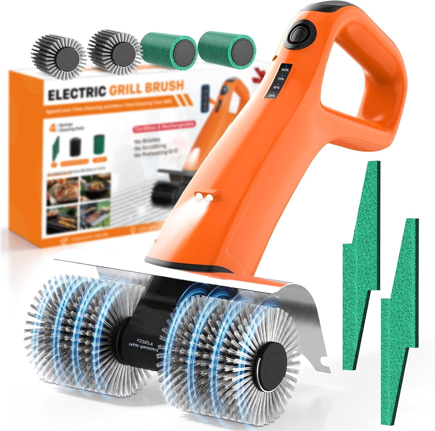 PUNOLAZY Electric Grill Brush Bristle Free BBQ Grill Brush for Outdoor | Dual Rotating Heads W/ Scraper,450 RPM F/R Rotation,LED Lights,6 Replaceable Brush Set Electric Grill Cleaner for Any Grills