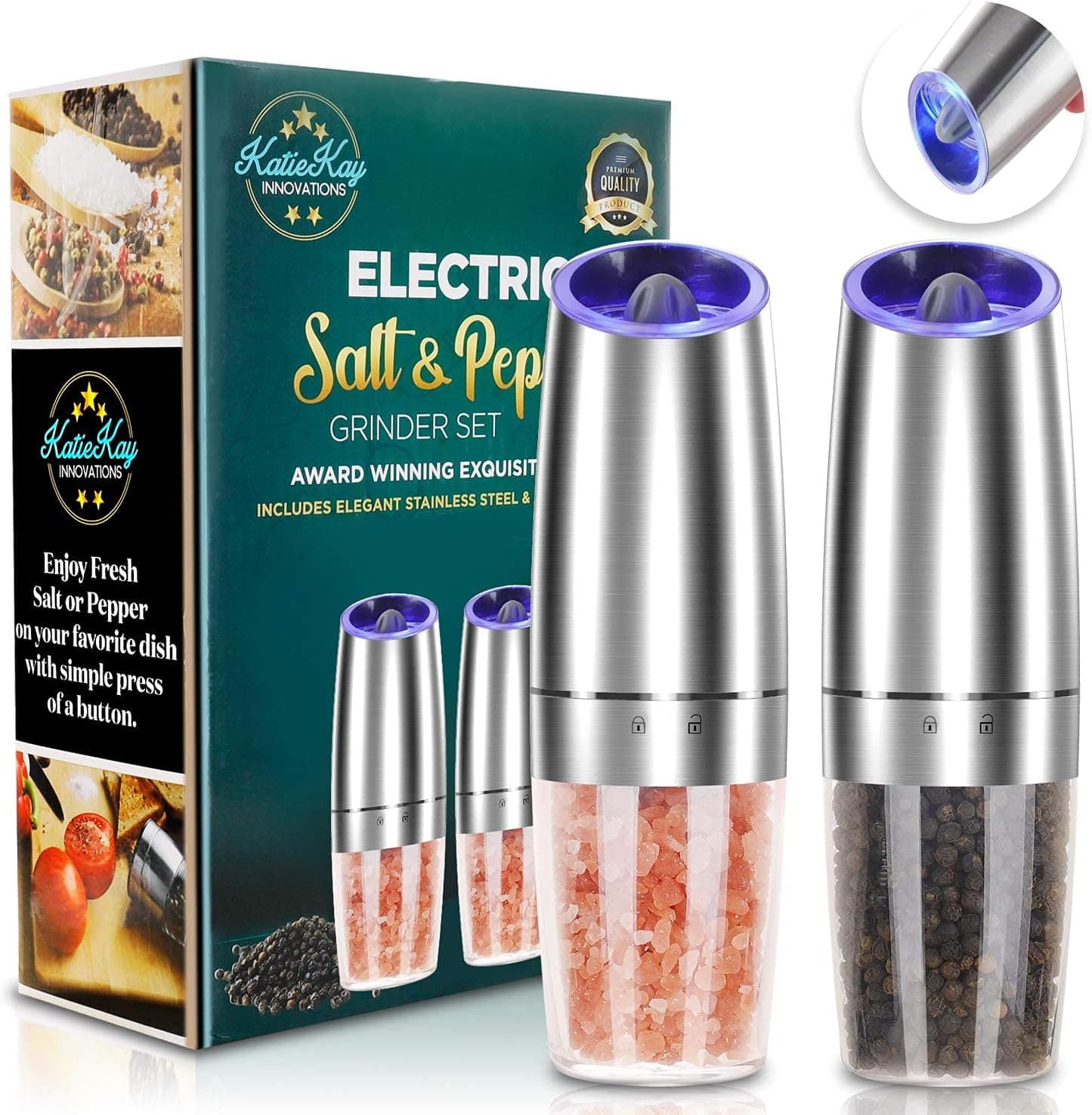 Gravity Salt and Pepper Grinder, Automatic Salt and Pepper Grinder, 2Pack
