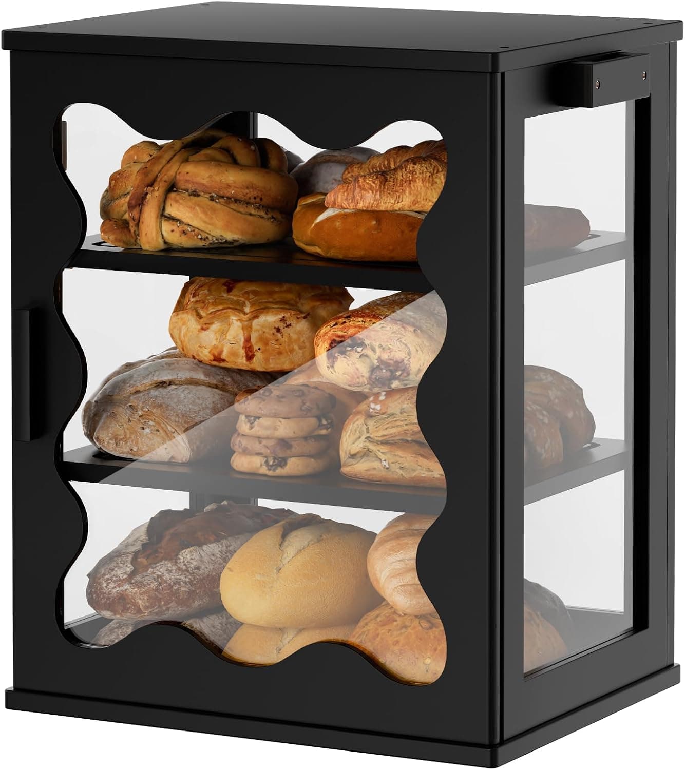 3 Layer Bread Box with Wavy Window for Kitchen Countertop, Large Breadbox