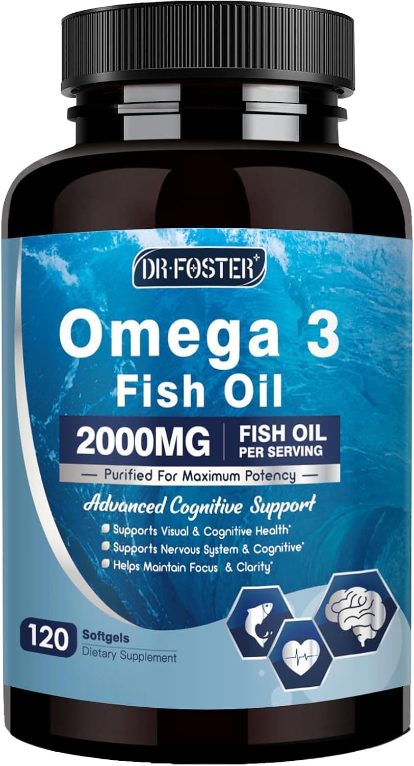 DRFOSTER Omega-3 Fish Oil 2000mg | Extra-Strength DHA + EPA, PS & Vitamin E, Brain, Cognition, Heart Health, Sustainably Sourced, 120 Softgels