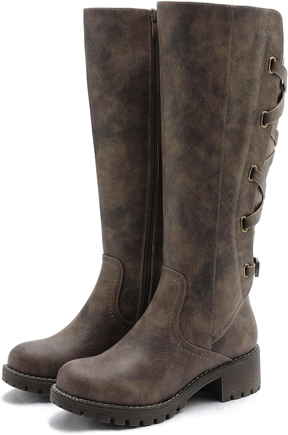 GLOBALWIN Women's Strappy Motorcycle Knee High Boots Riding Boots Back Lace Up Fall Winter Fashion Knee High Boots For Women