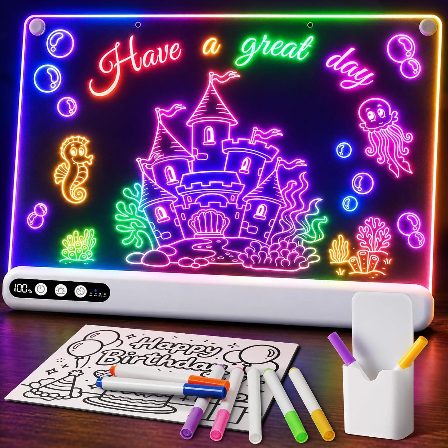 16" LED Drawing Board with 14 Light Effects & Timer, Gift for Kids Age 3-12 | Rechargeable, BPA-Free, Lead-Free, Scratch-Resistant, Stand & Wall Mount, Includes Accessories, Birthday Gift, Kids Toys