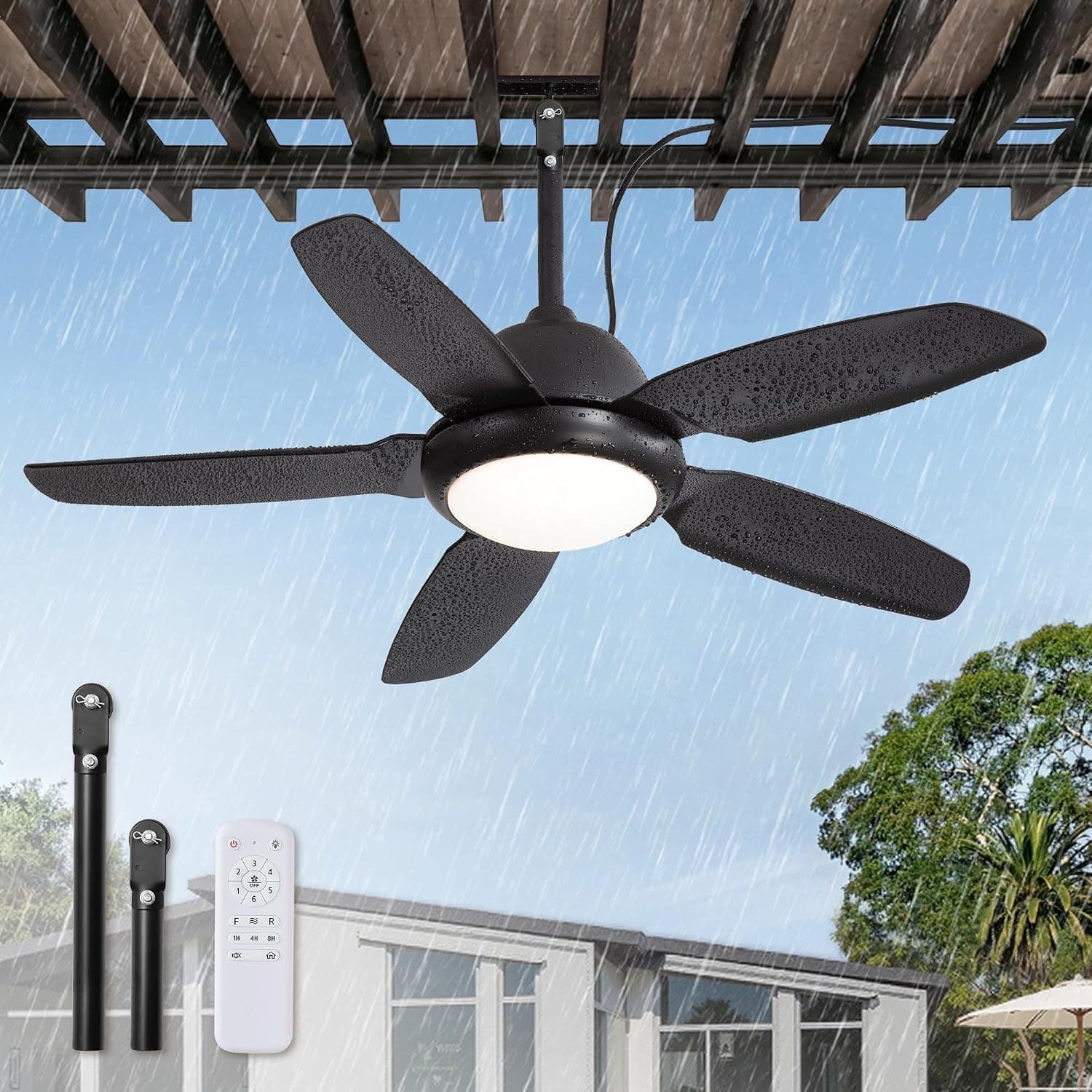 Fanbulous 42 Inch Waterproof Outdoor Ceiling Fan with Light for Patio,Black | IP65 Wet Rated, 3CCT Dimmable Light,Remote Control,6-Speed DC Motor, Plug-in Cord, Hanging Hook for Gazebo, Porch, Pergola