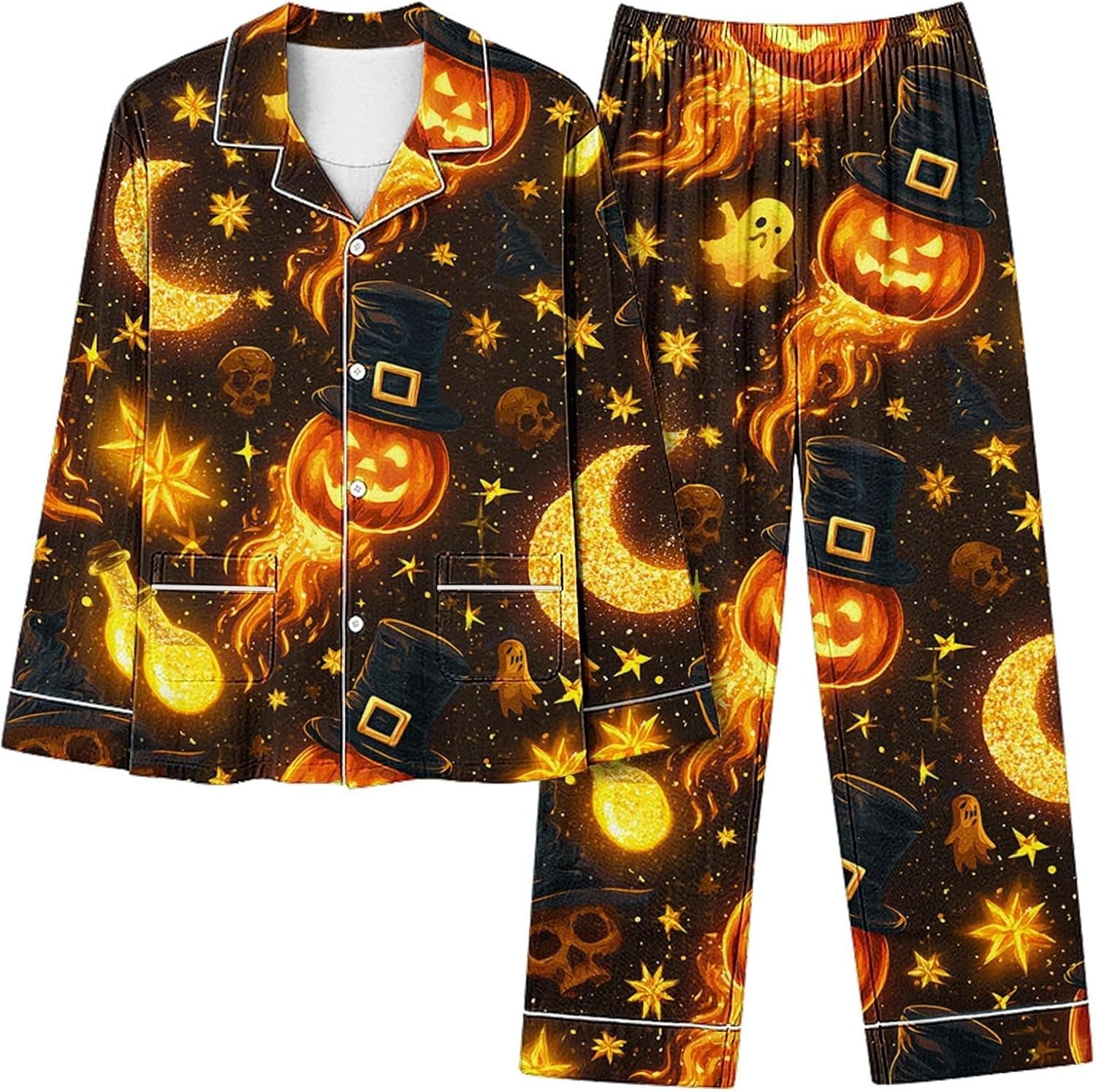 Women's Halloween Pajamas Lounge Sets Fall Cute Satin Ghost Pumpkin Print Long Sleeve Button Top and Pants Sleepwear