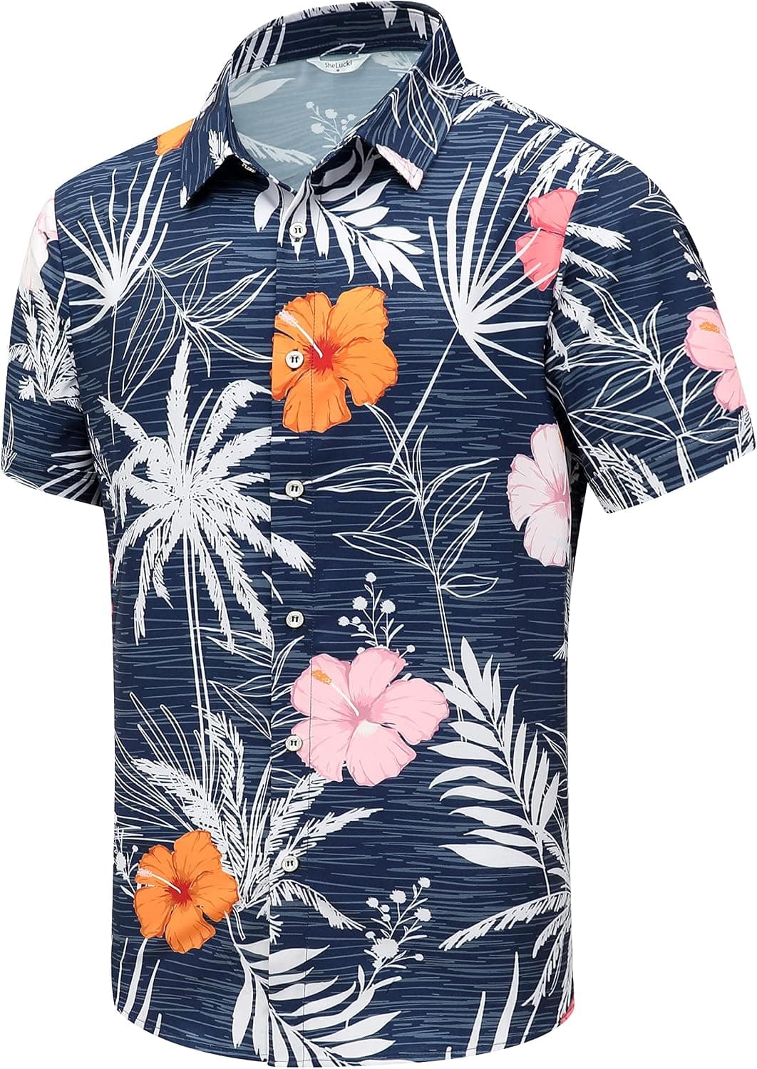SheLucki Hawaiian Shirt for Men, Unisex Summer Beach Casual Short Sleeve Button Down Shirts, Printed Palmshadow Clothing