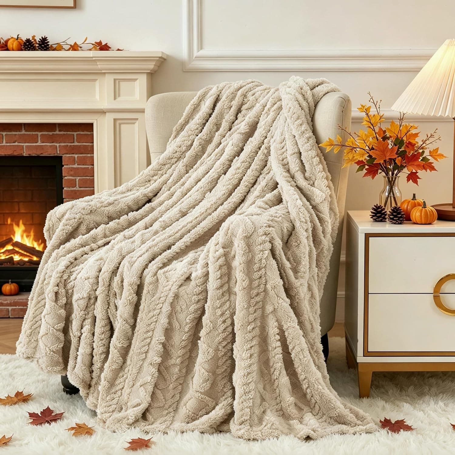 Aganear Fleece Throw Blanket for Couch, Fall Boho Blankets,50"x60" Khaki