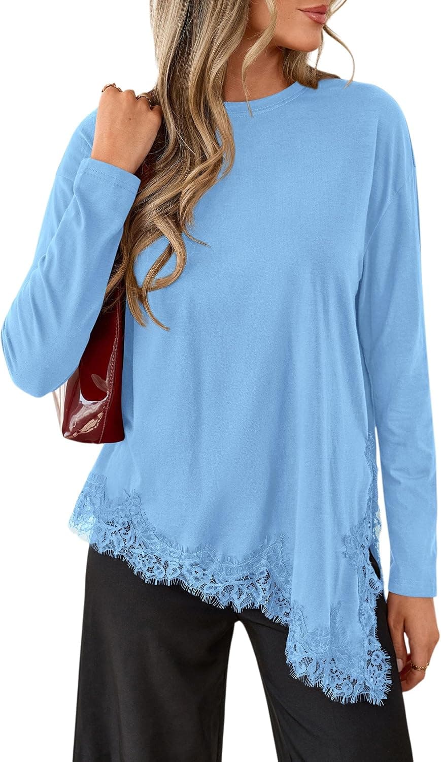 PRETTYGARDEN Women's Long Sleeve Asymmetrical Lace Tops Fall